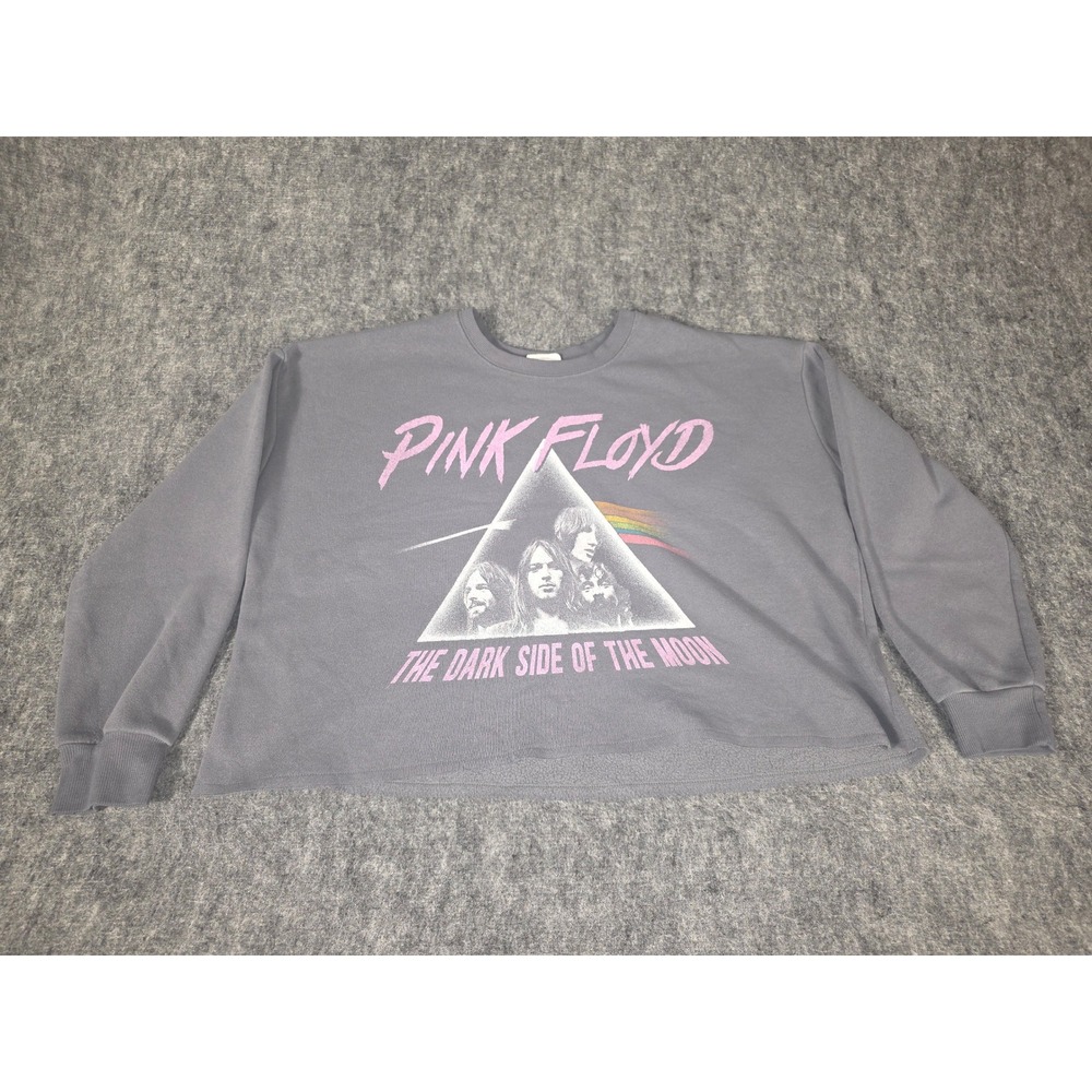 Womens Large Sweatshirt Cropped Grey Dark Side Moon Graphic Pink Floyd